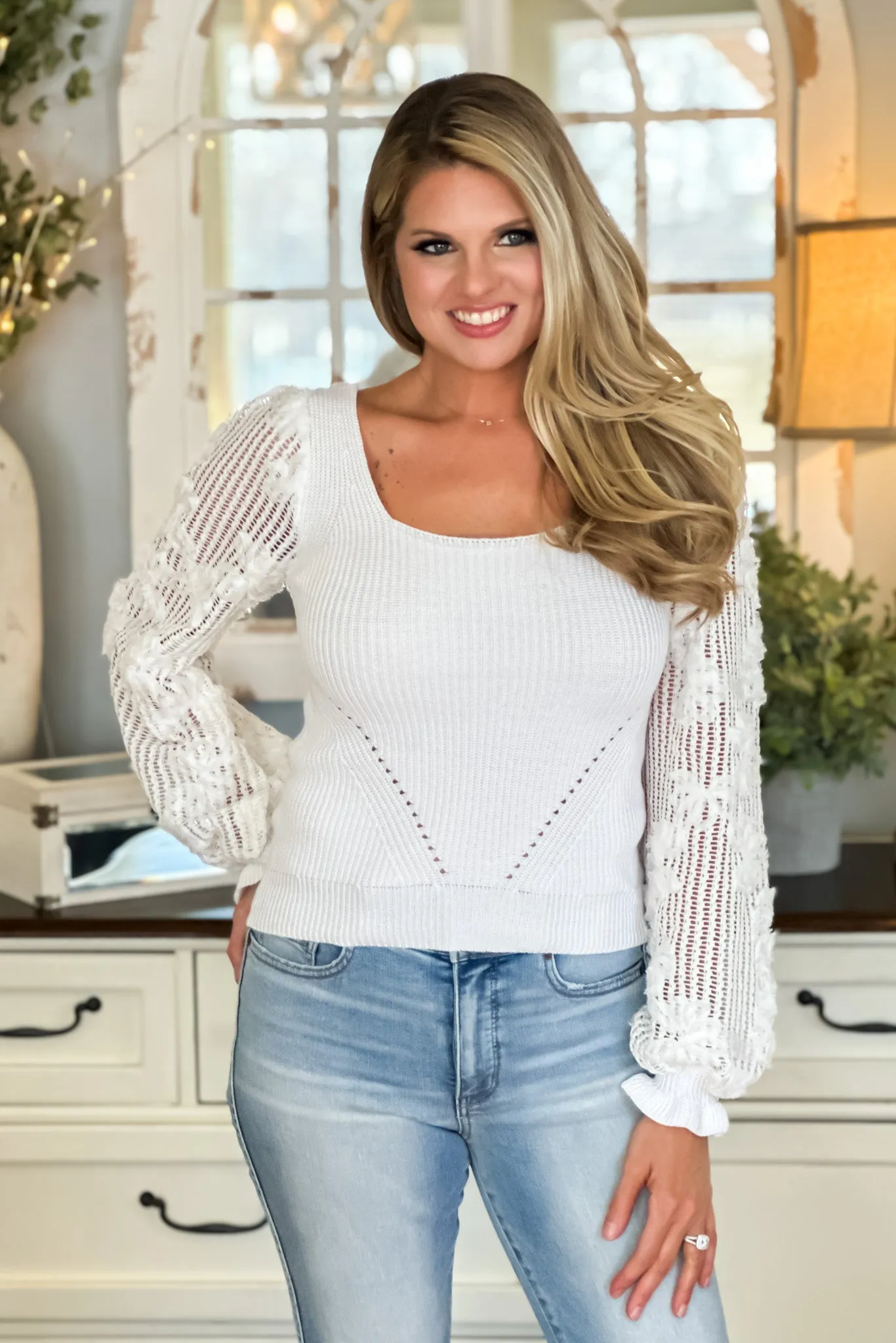 Day For Romance Floral Crochet Sleeve Sweater : White