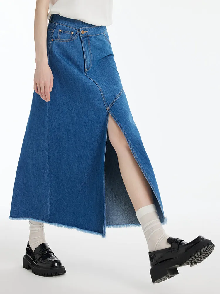 Denim Asymmetrical Slit Women Skirt