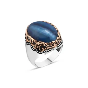 Domic Blue Tiger Eye Stone Silver Men's Ring with Wavy Top Pattern Around