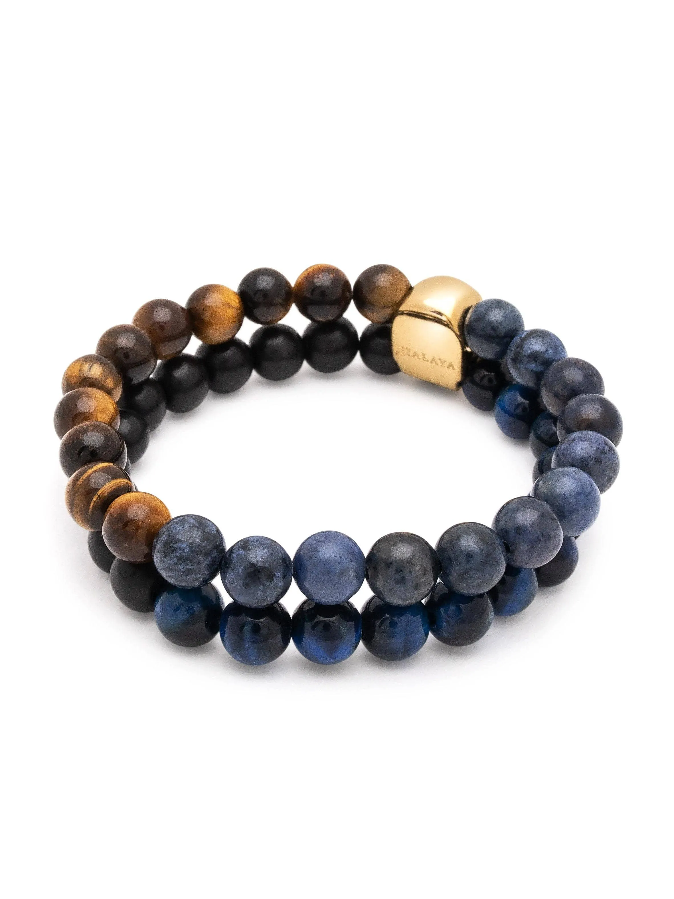 Double Beaded Bracelet with Dumortierite, Brown Tiger Eye, Blue Tiger Eye and Ebony