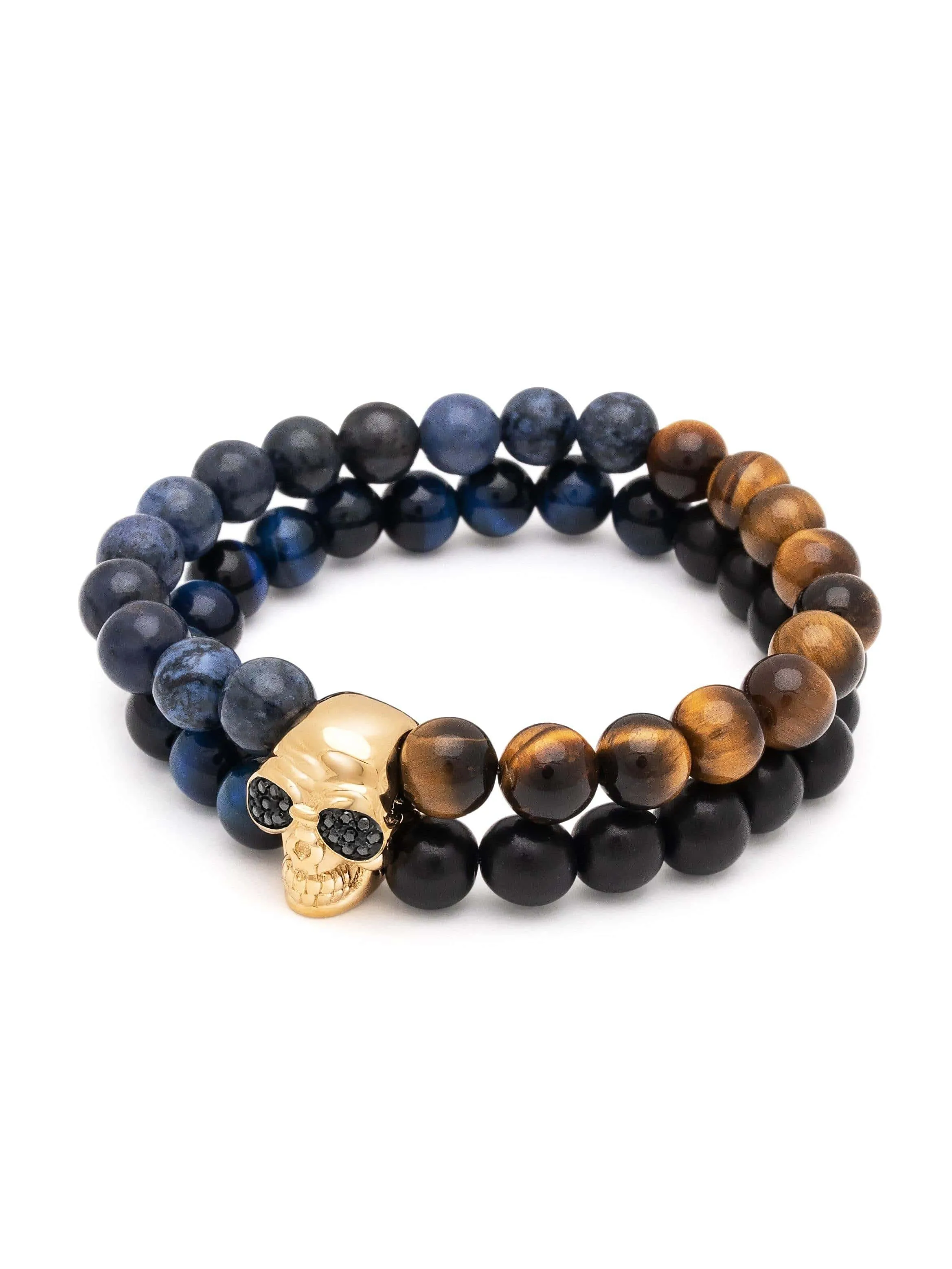 Double Beaded Bracelet with Dumortierite, Brown Tiger Eye, Blue Tiger Eye and Ebony