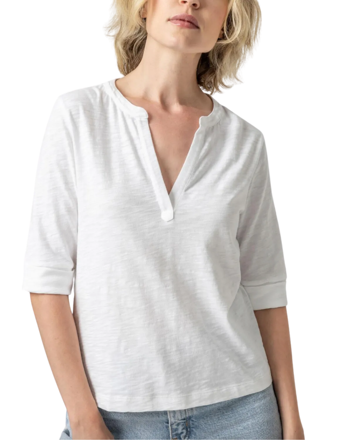 Elbow Sleeve Split Neck (White)