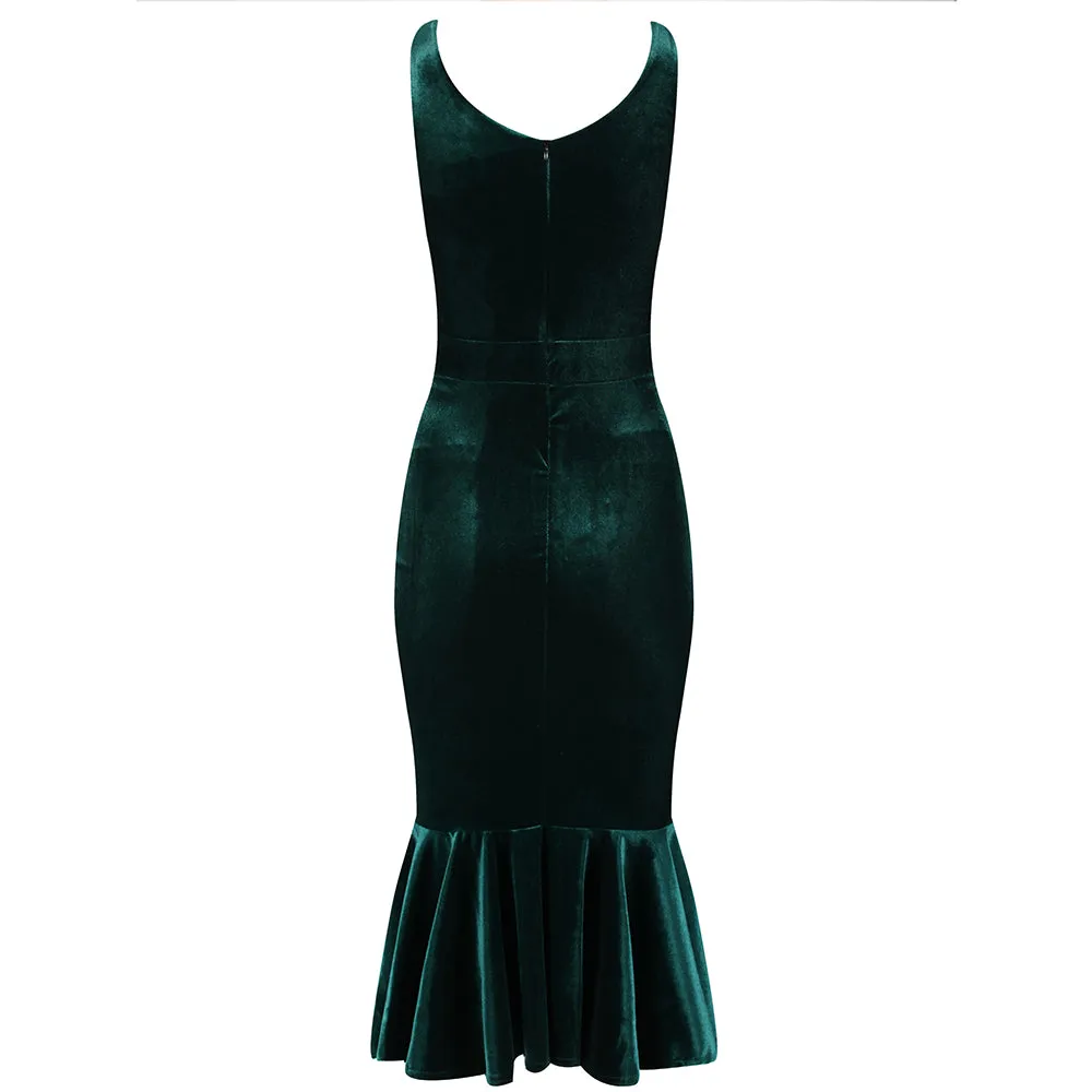 Emerald Green Velour Sleeveless Peplum Hem V Neck Wiggle Dress