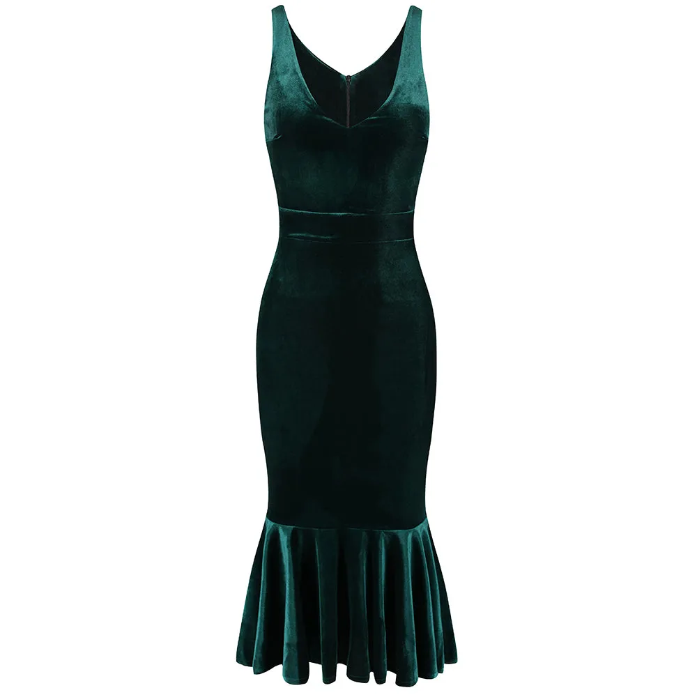 Emerald Green Velour Sleeveless Peplum Hem V Neck Wiggle Dress