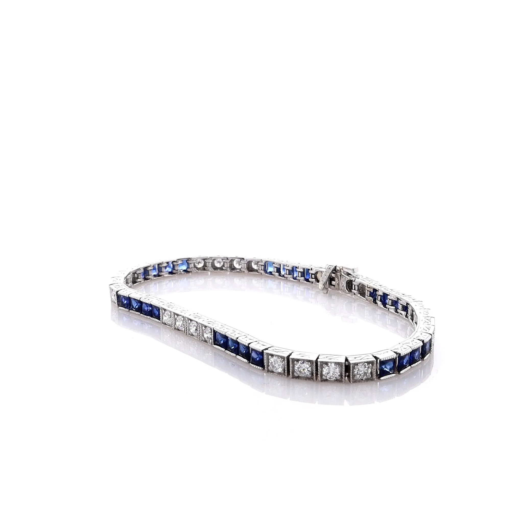 Estate 14k Sapphire and Diamond Milgrain Block Design 7 Tennis Bracelet