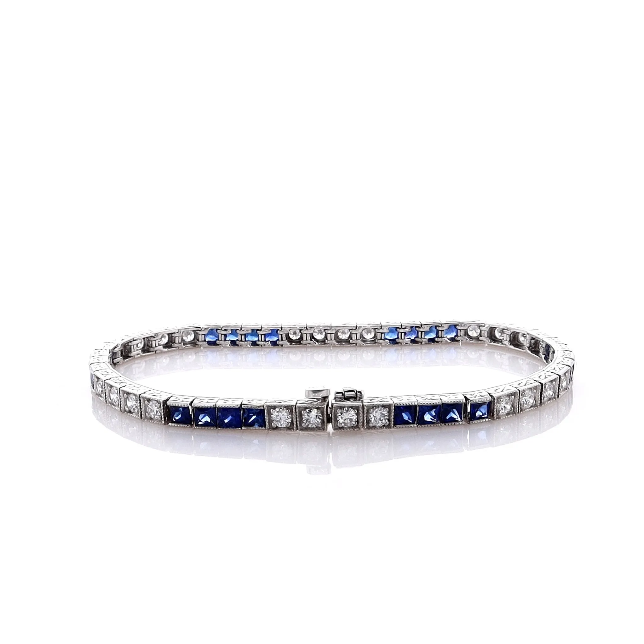 Estate 14k Sapphire and Diamond Milgrain Block Design 7 Tennis Bracelet