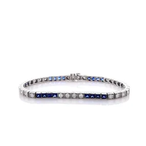 Estate 14k Sapphire and Diamond Milgrain Block Design 7 Tennis Bracelet