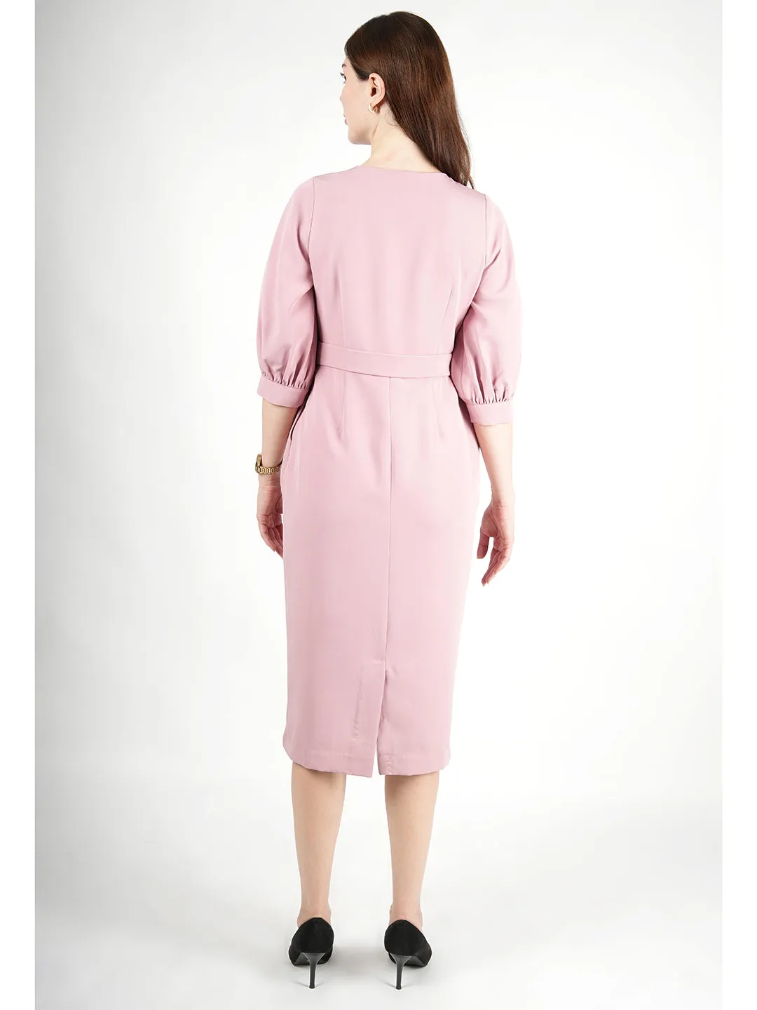 Exude Bright Low 3/4 Puff Sleeve Dress (Blush Pink)