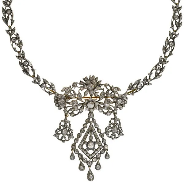 Georgian Sterling Rose Cut Diamond Pin & Necklace Set