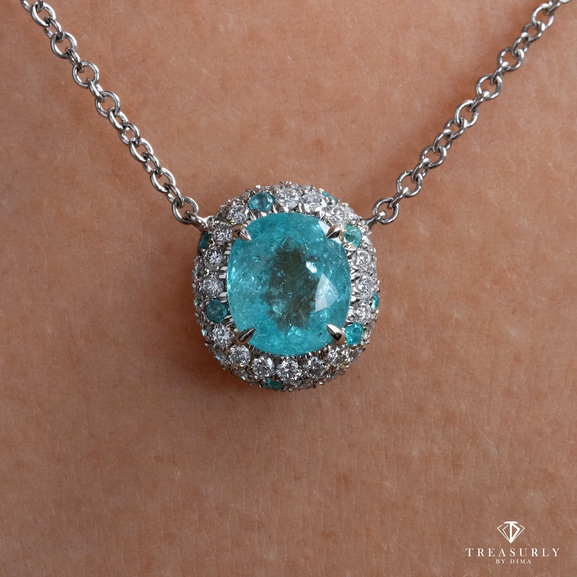 GIA 3.61ctw Natural Neon Blue PARAIBA Tourmaline & Diamond Platinum Necklace