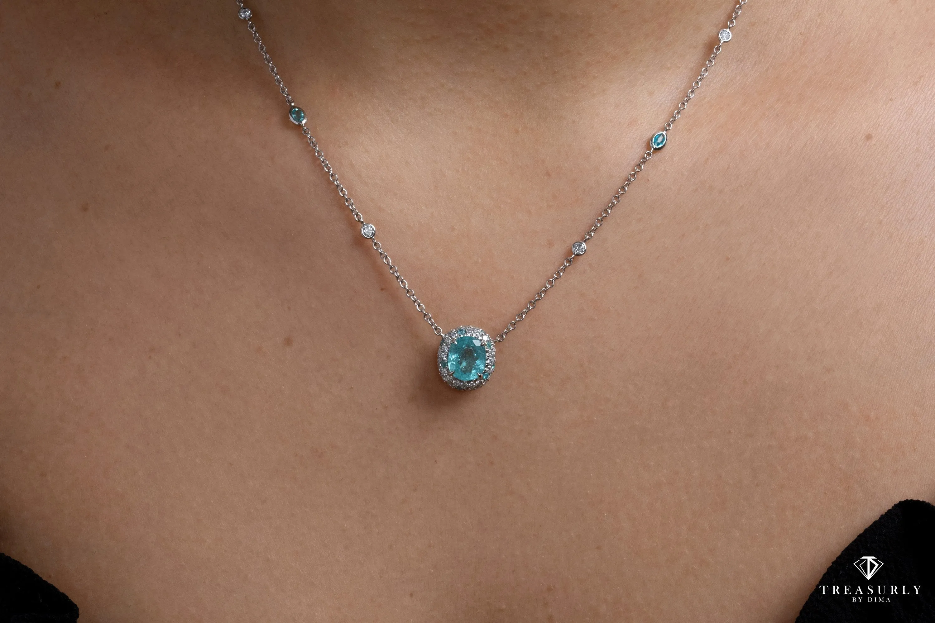 GIA 3.61ctw Natural Neon Blue PARAIBA Tourmaline & Diamond Platinum Necklace