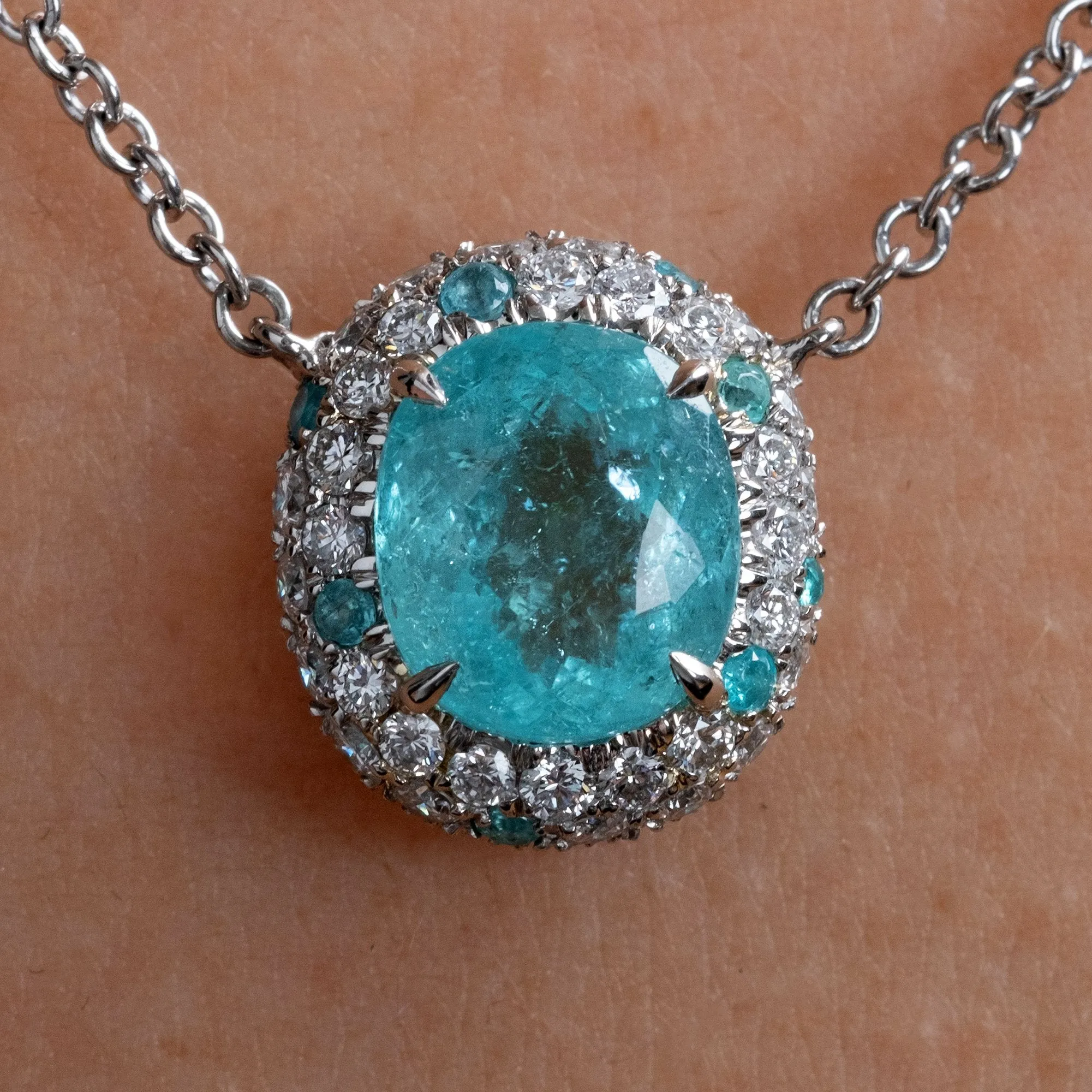 GIA 3.61ctw Natural Neon Blue PARAIBA Tourmaline & Diamond Platinum Necklace