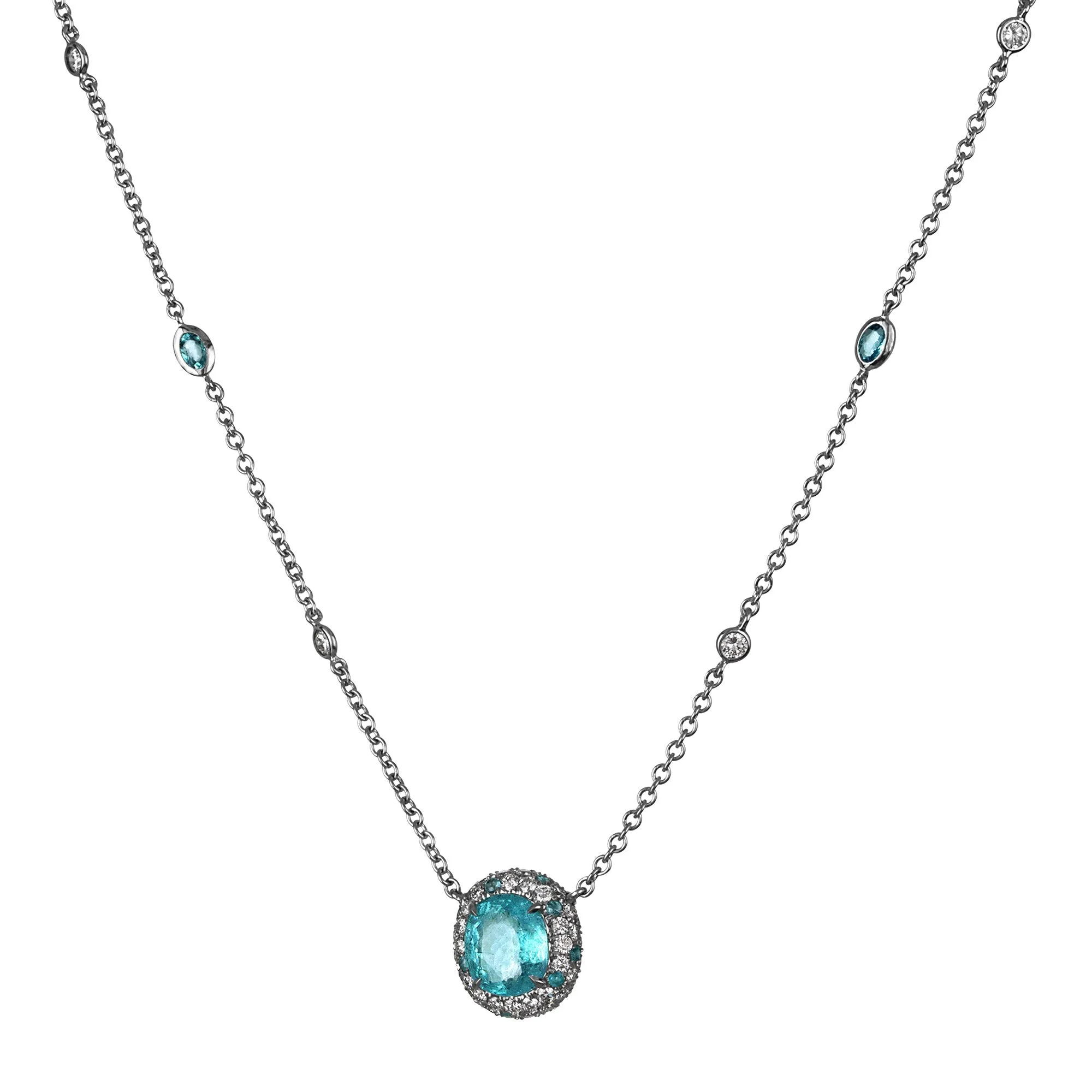 GIA 3.61ctw Natural Neon Blue PARAIBA Tourmaline & Diamond Platinum Necklace