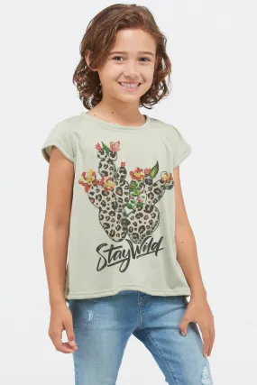 Girl's Leopard Cactus Stay Wild Tee