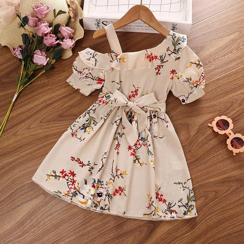 Girls' Open Back Suspended Dress Vintage Print Bubble Short Sleeve Dress