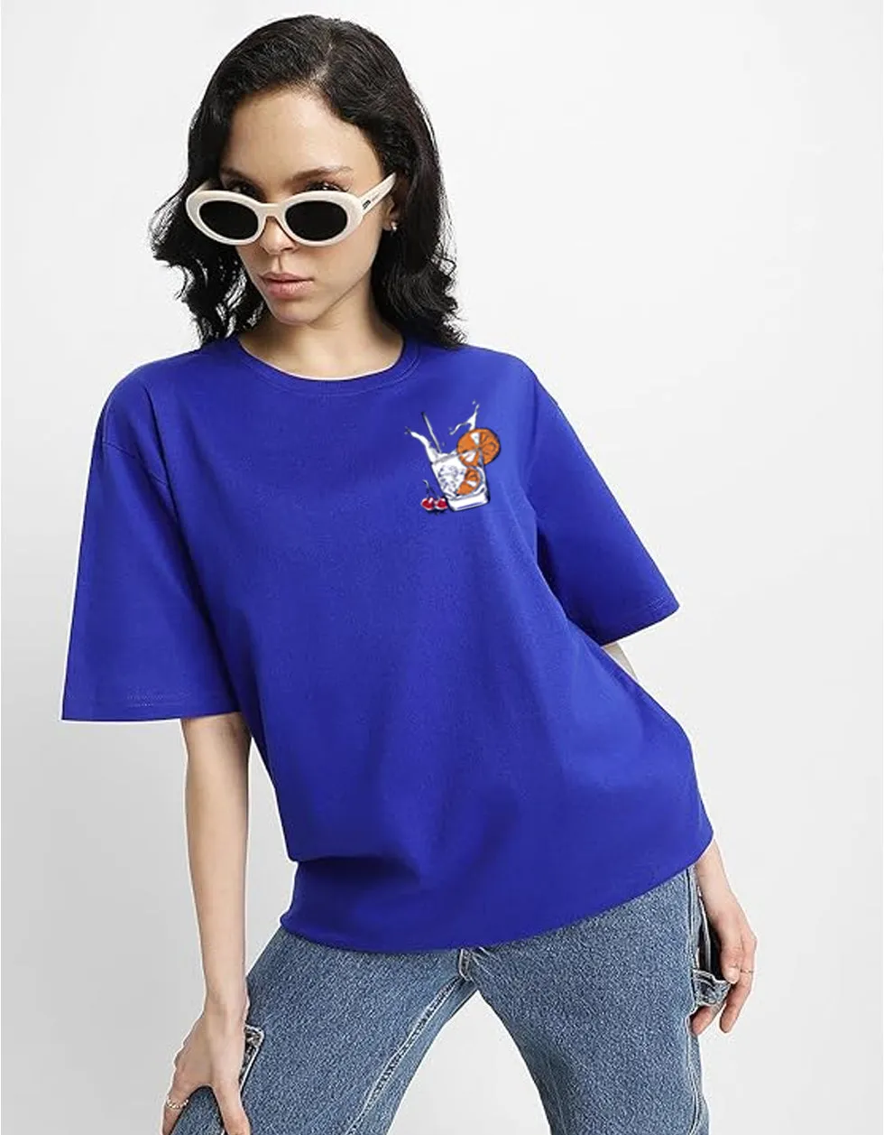 GLASS OF MILK Women Blue Oversized Back Puff Printed Tshirts