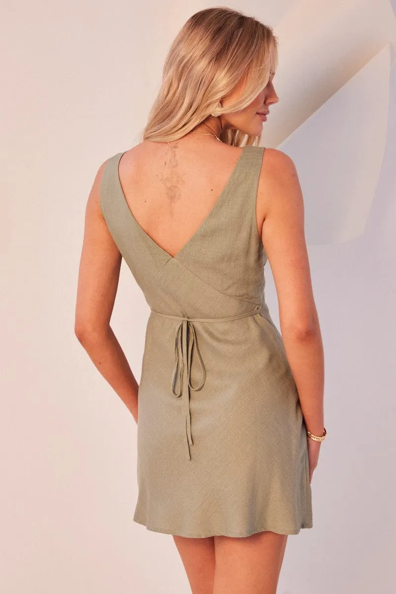 Green A Line Mini Dress Sleeveless Linen Blend