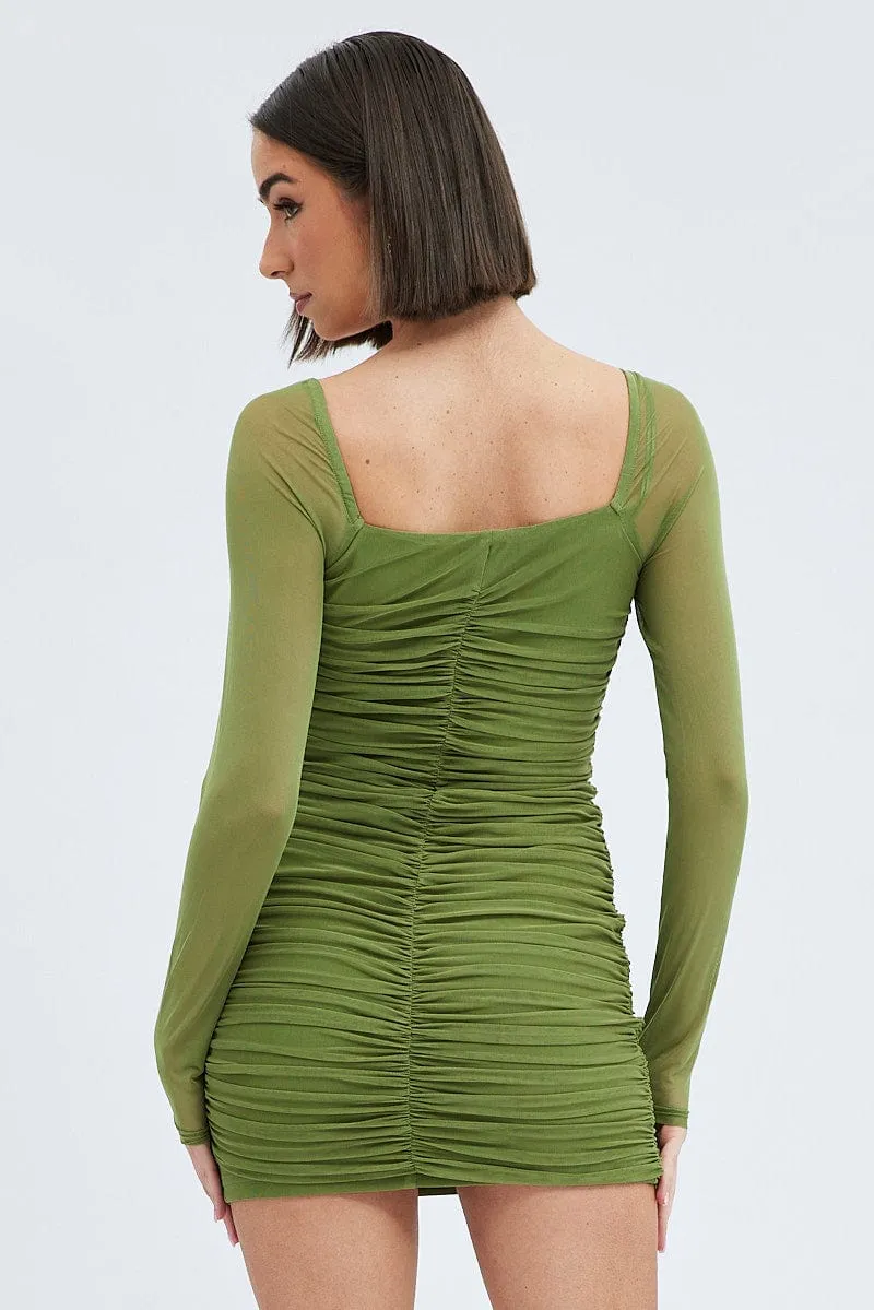 Green Bodycon Dress Corset Detail Mesh