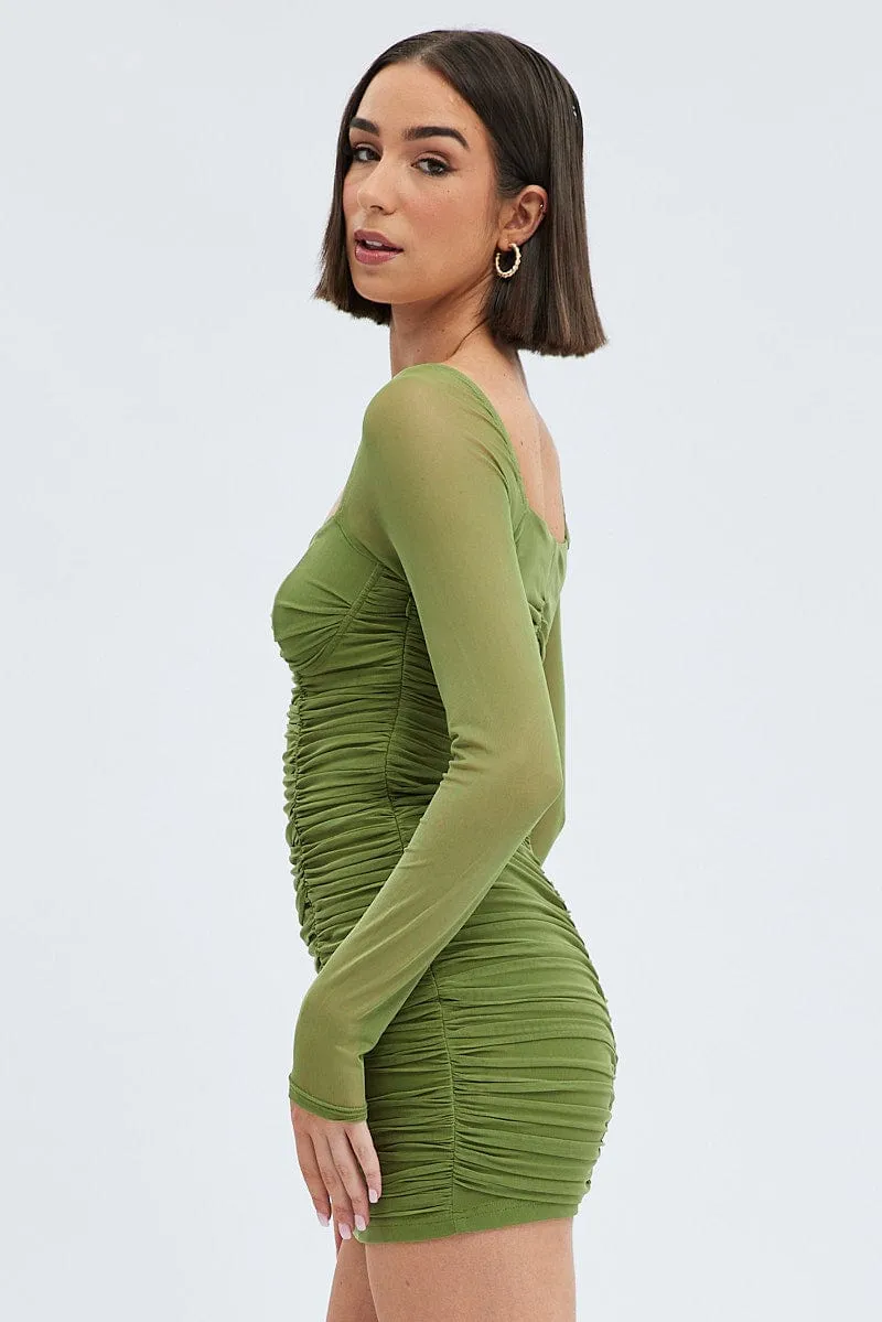 Green Bodycon Dress Corset Detail Mesh