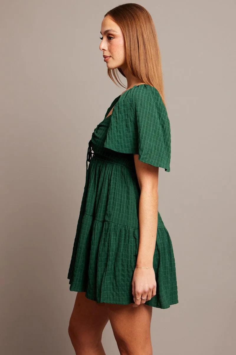 Green Fit And Flare Dress Short Sleeve Mini