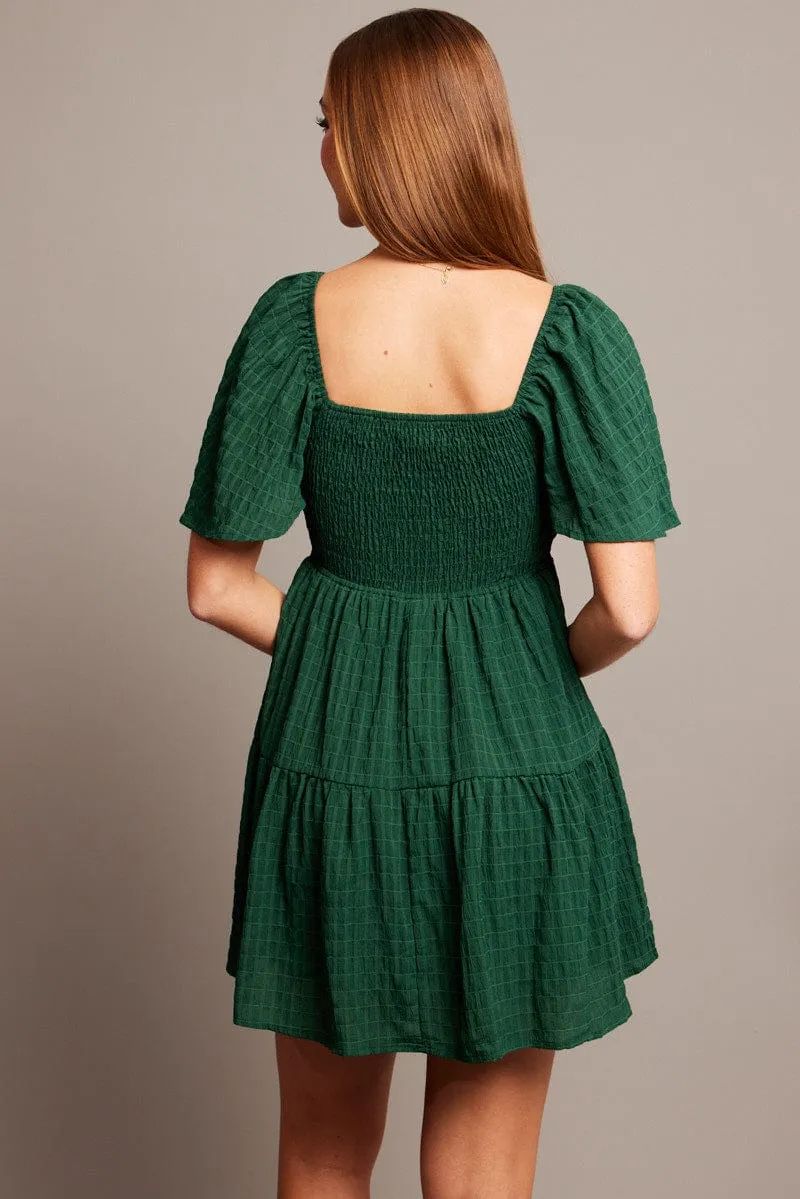 Green Fit And Flare Dress Short Sleeve Mini