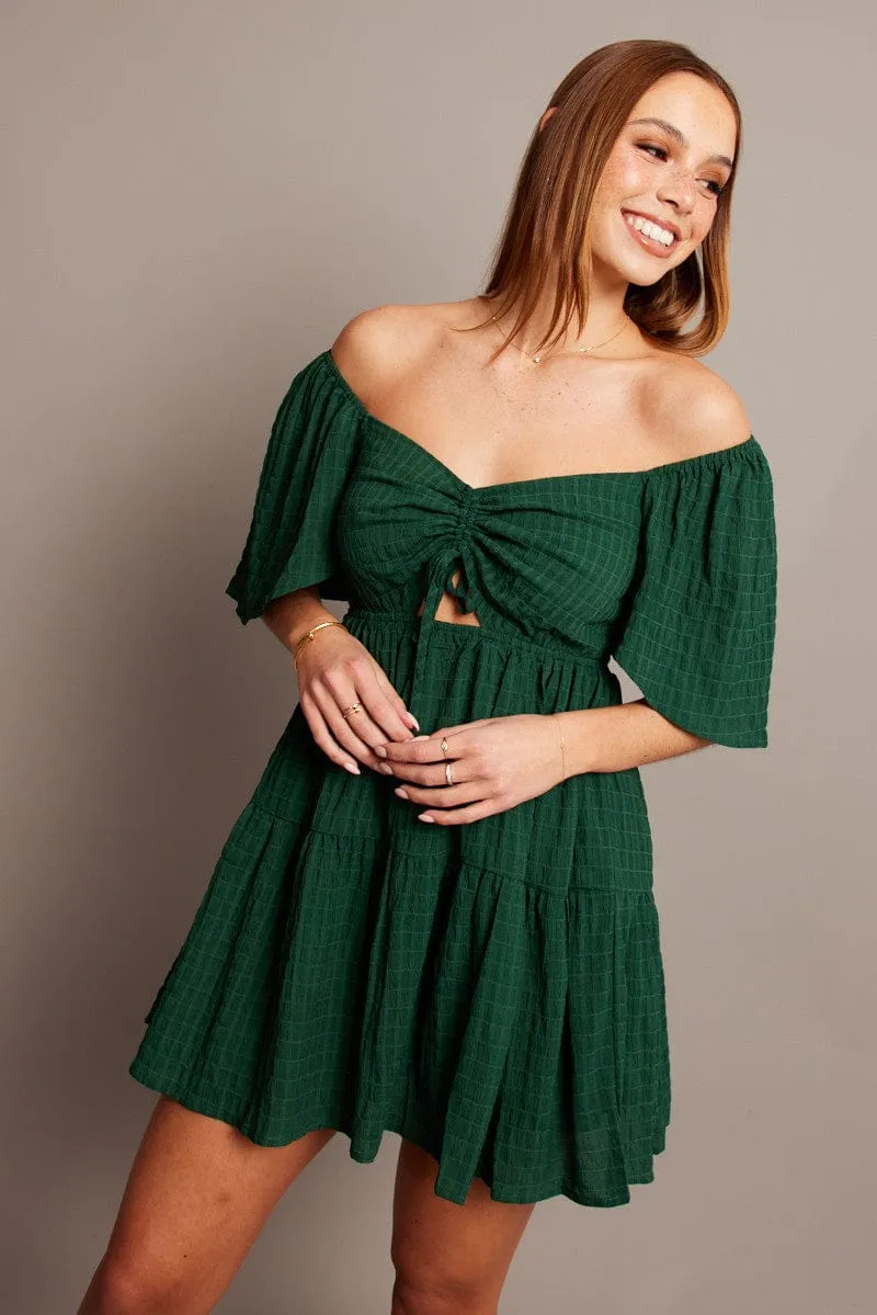 Green Fit And Flare Dress Short Sleeve Mini