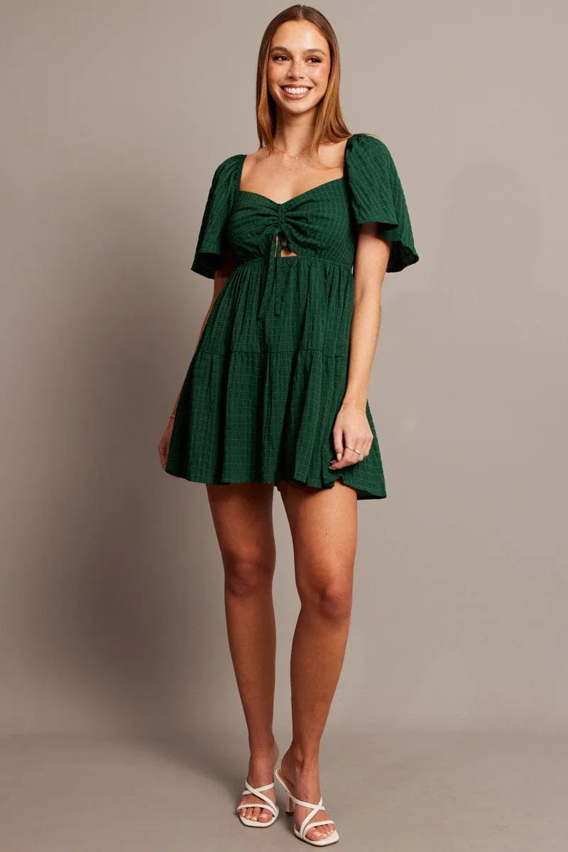 Green Fit And Flare Dress Short Sleeve Mini