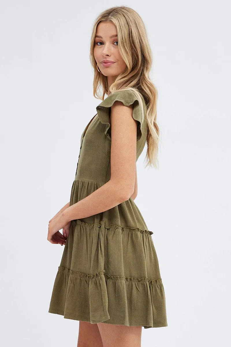 Green Fit and Flare Dress Short Sleeve V-Neck