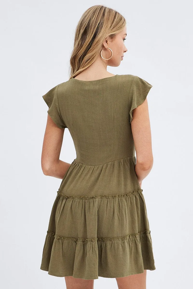 Green Fit and Flare Dress Short Sleeve V-Neck