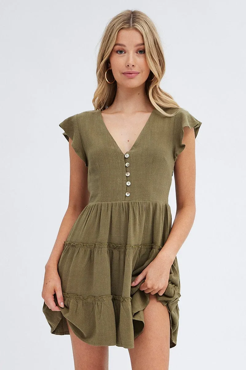 Green Fit and Flare Dress Short Sleeve V-Neck