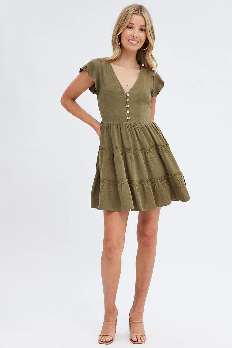 Green Fit and Flare Dress Short Sleeve V-Neck