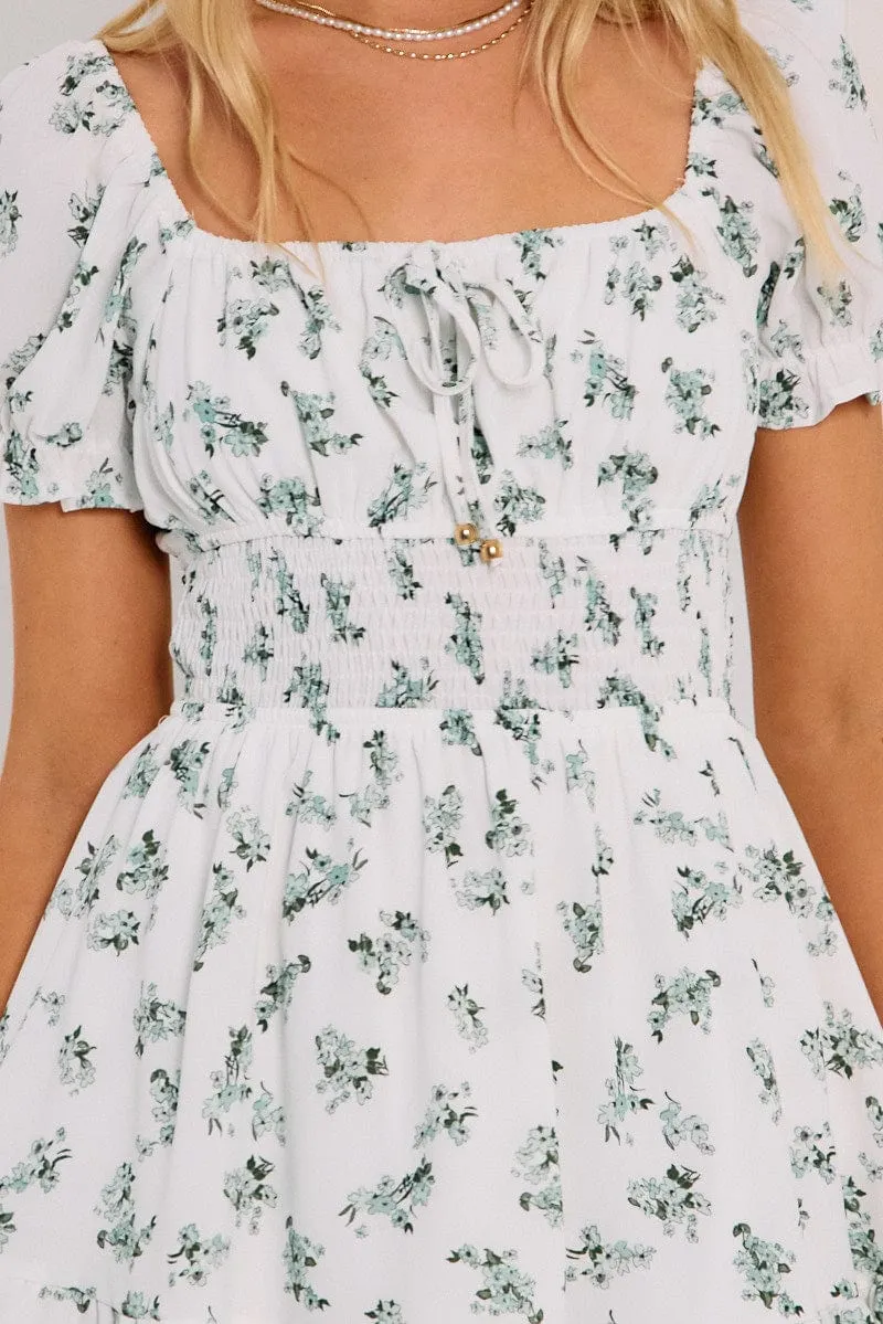 Green Floral Fit And Flare Dress Mini