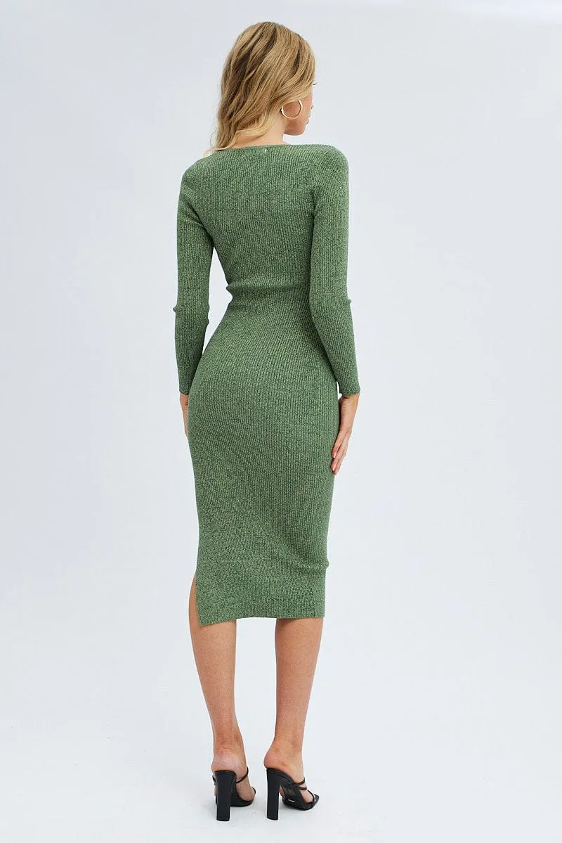 Green Knit Dress Long Sleeve Midi