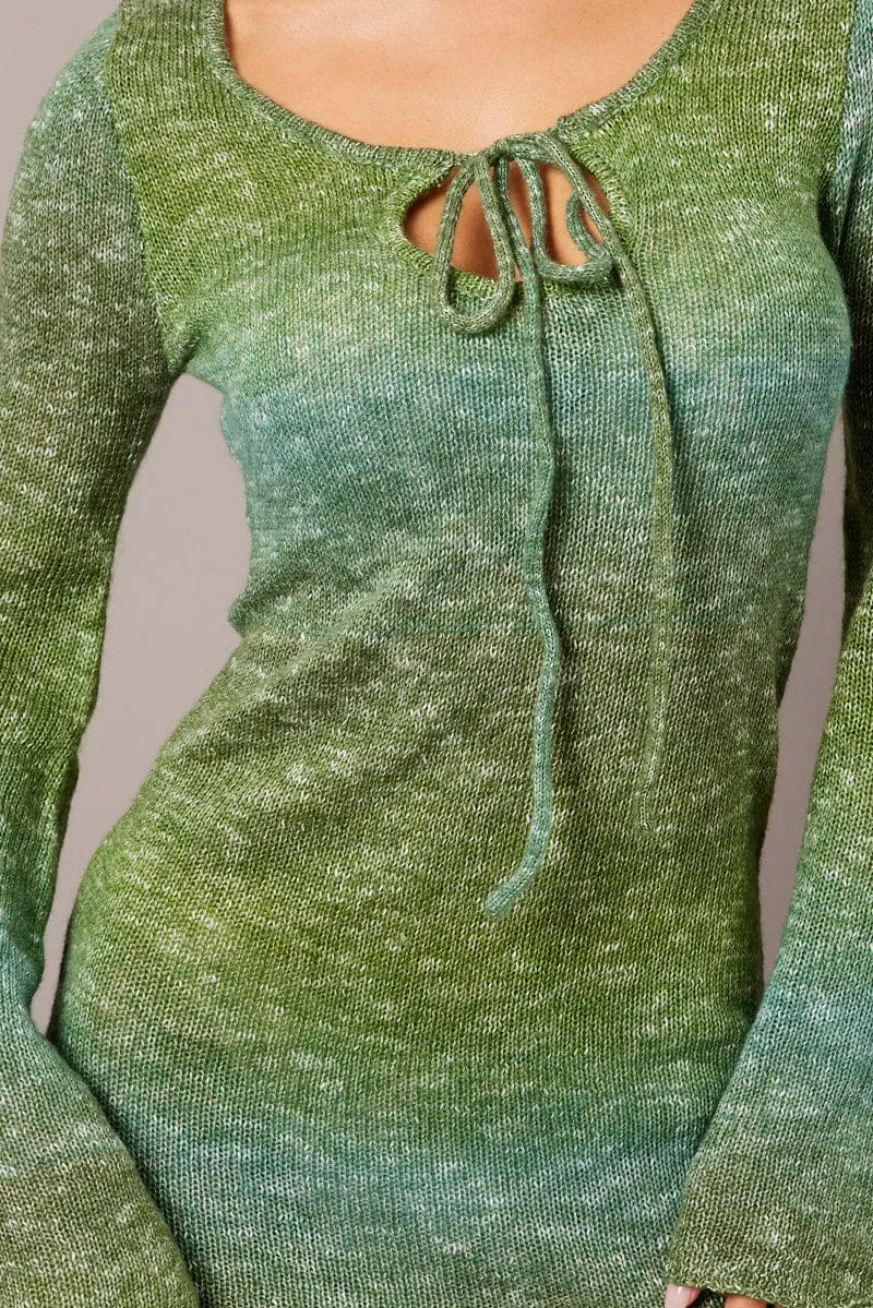 Green Knit Dress Long Sleeve Mini