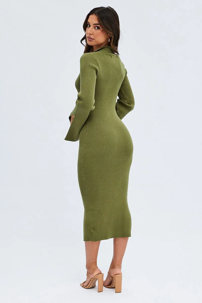 Green Midi Dress Long Sleeve V-Neck Collared Knit