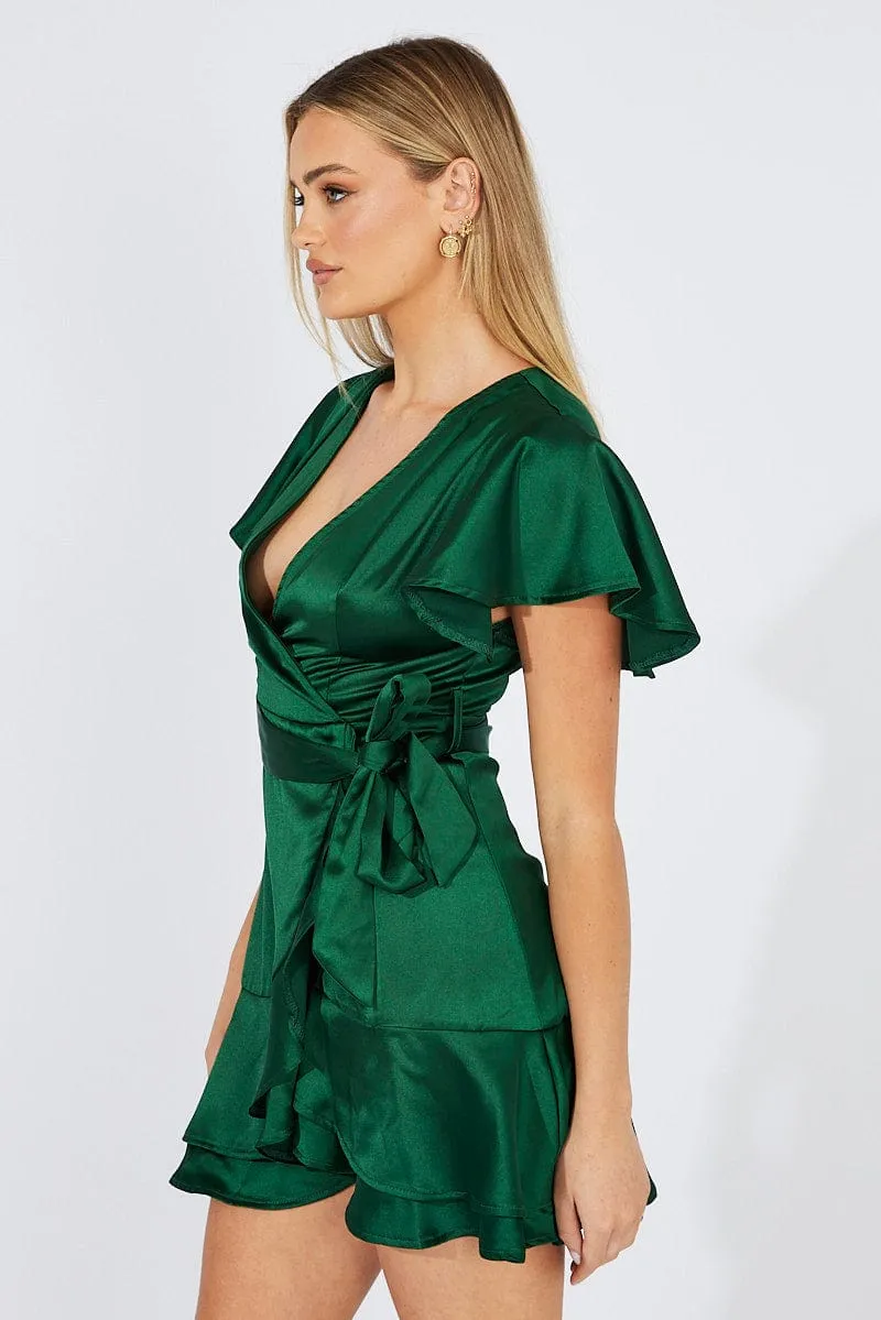 Green Mini Dress Ruffled Hem Satin