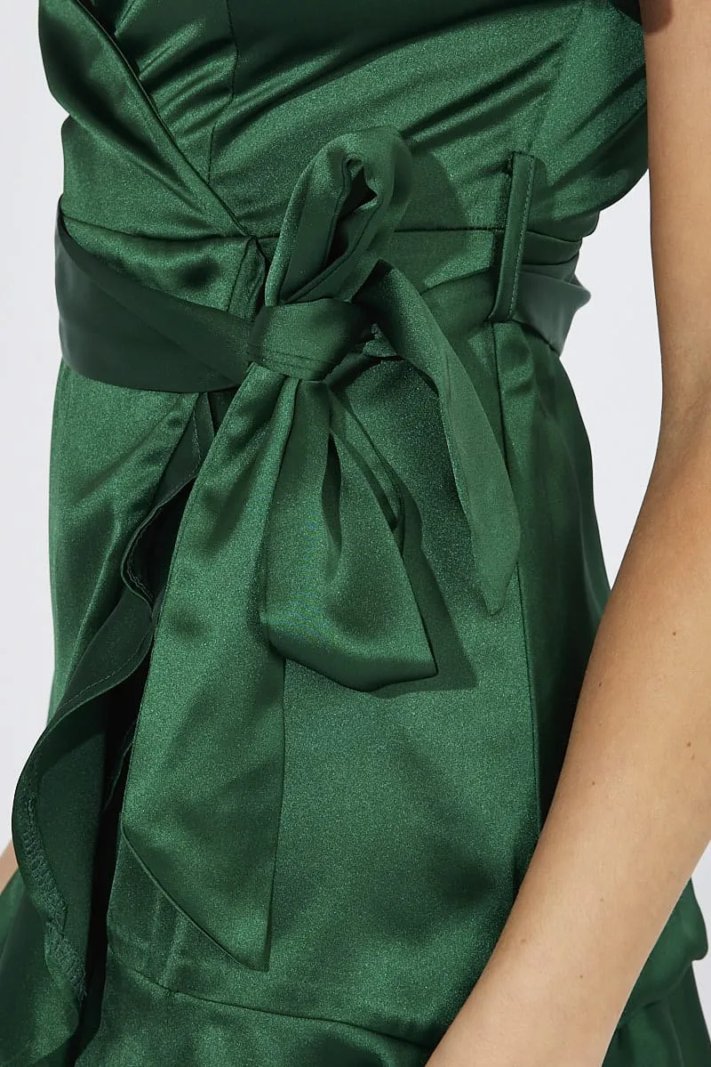 Green Mini Dress Ruffled Hem Satin