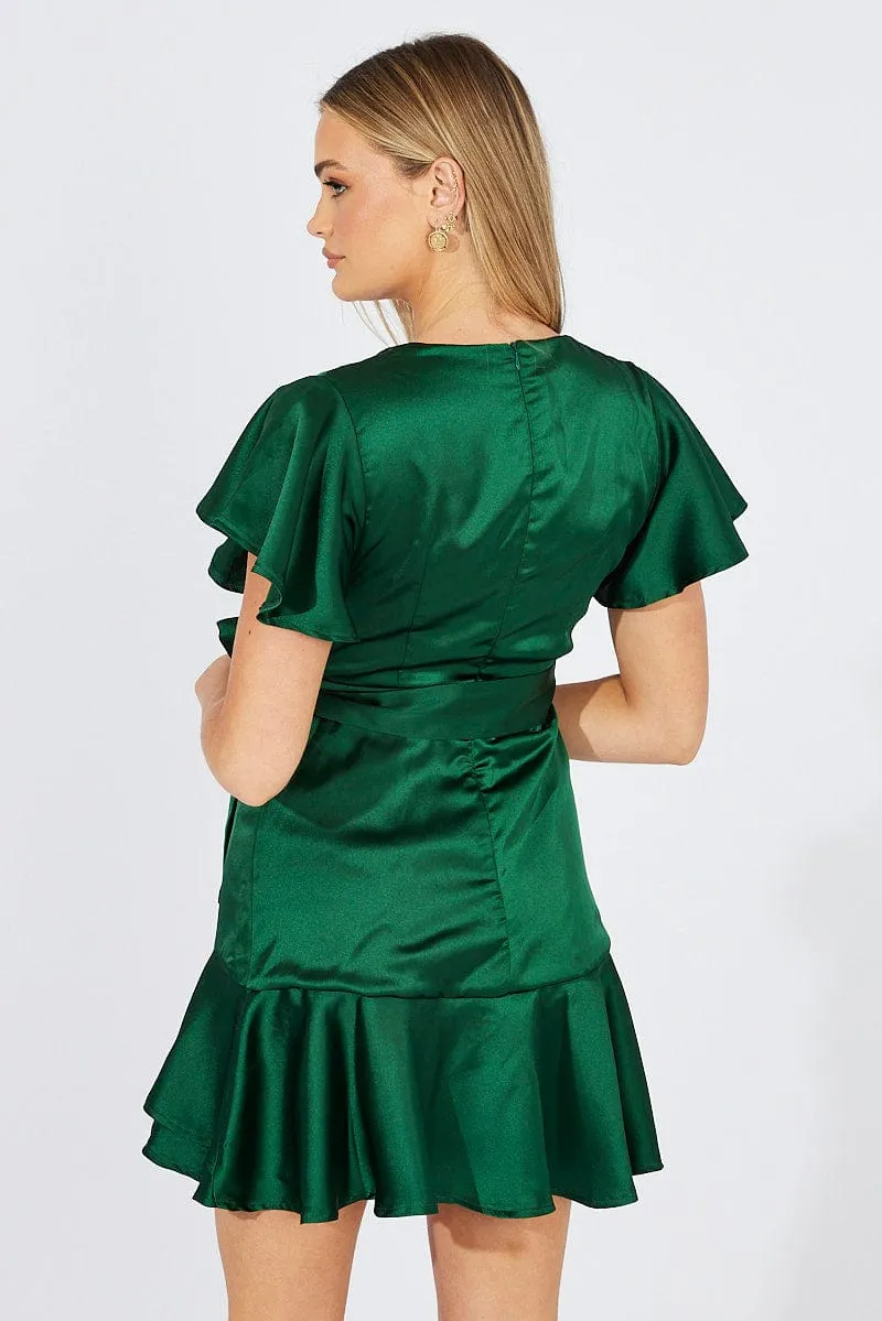 Green Mini Dress Ruffled Hem Satin