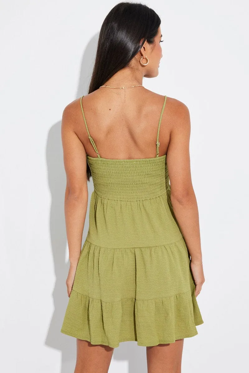 Green Mini Dress Shirred Bust