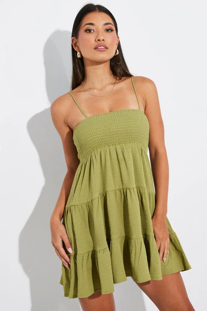 Green Mini Dress Shirred Bust