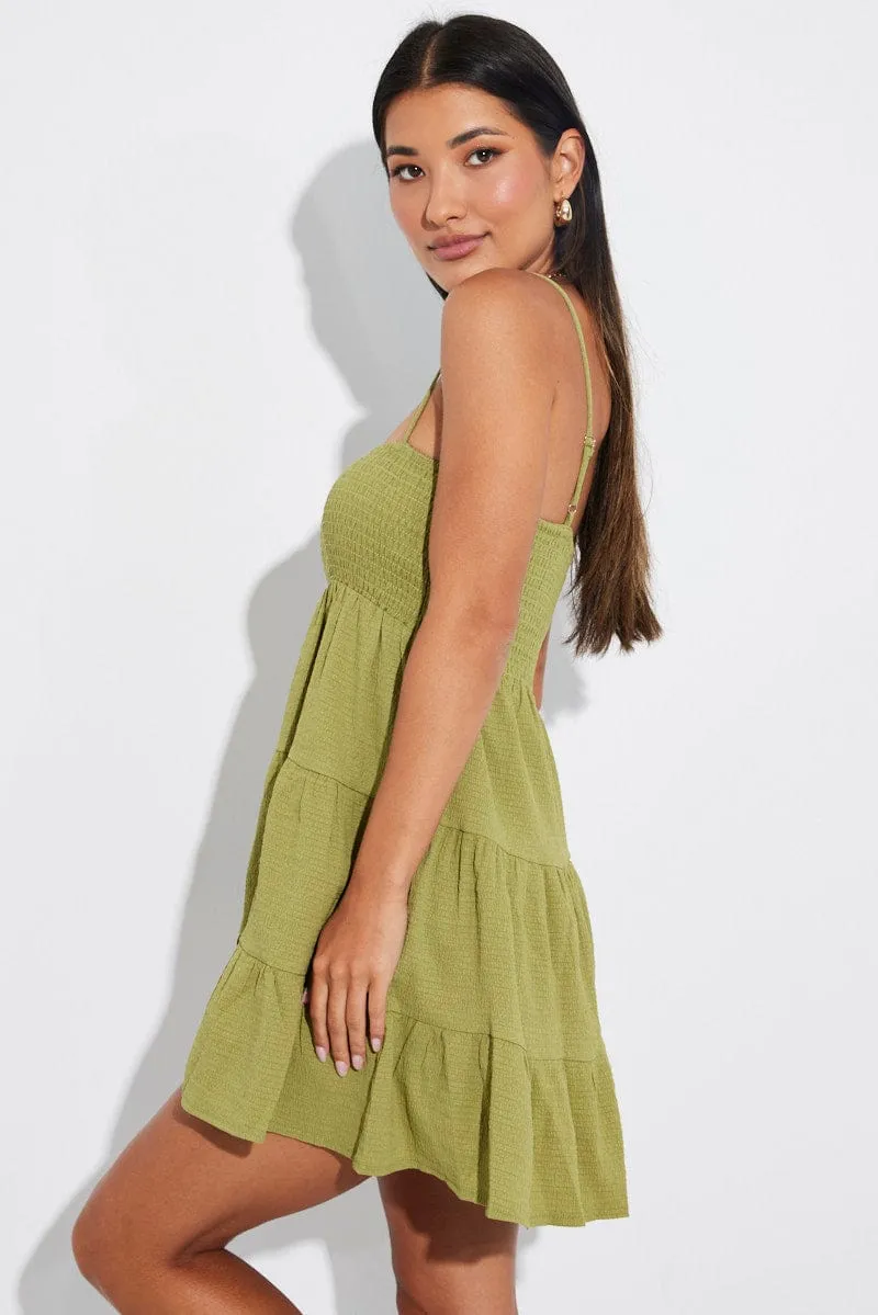 Green Mini Dress Shirred Bust