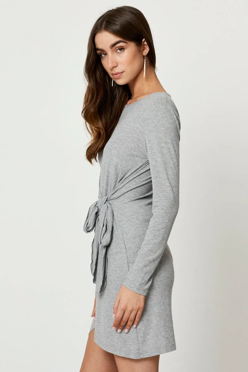 Grey Long Sleeve Wrap Dress