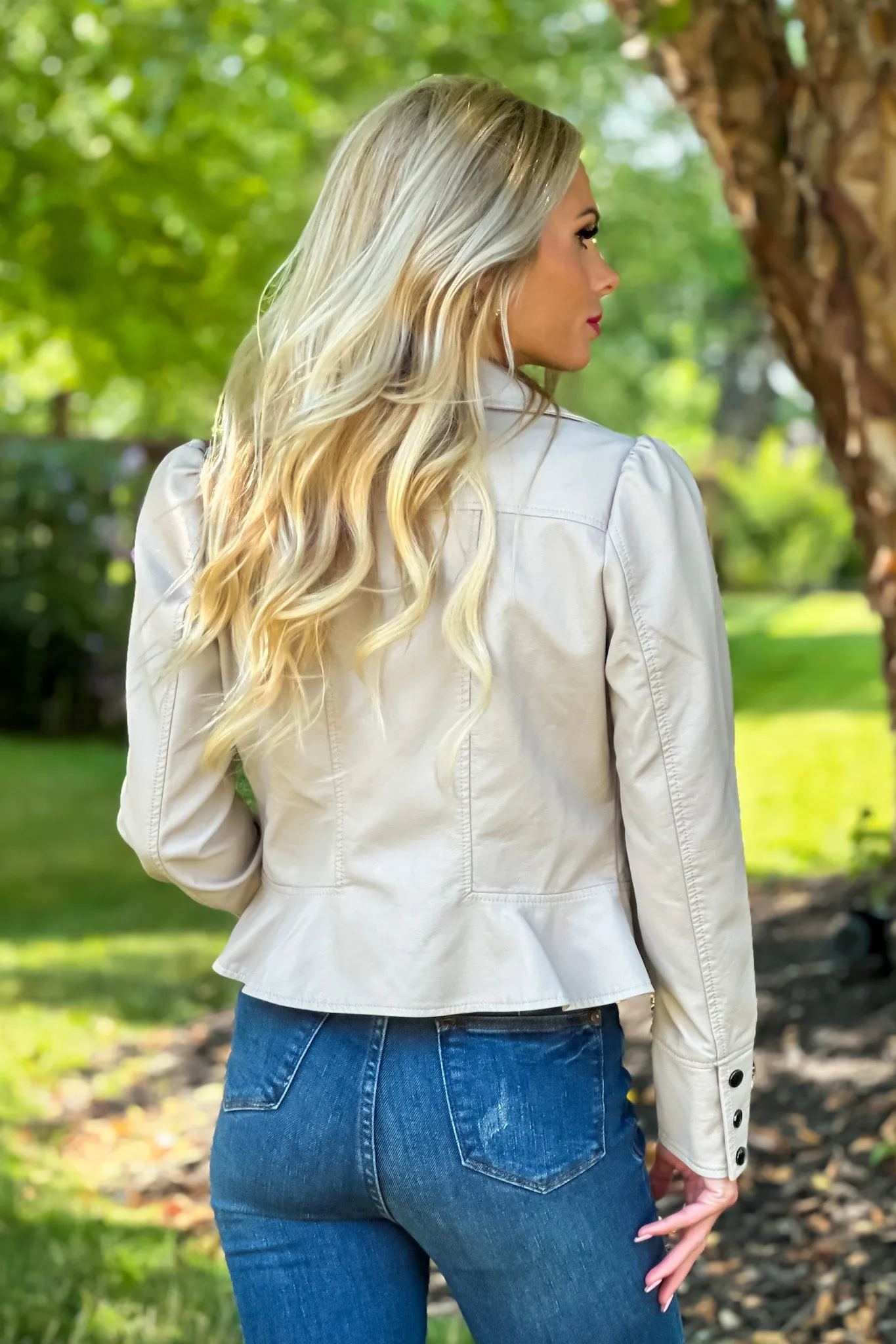 Hit The Town Faux Leather Puff Sleeve Jacket : Light Taupe