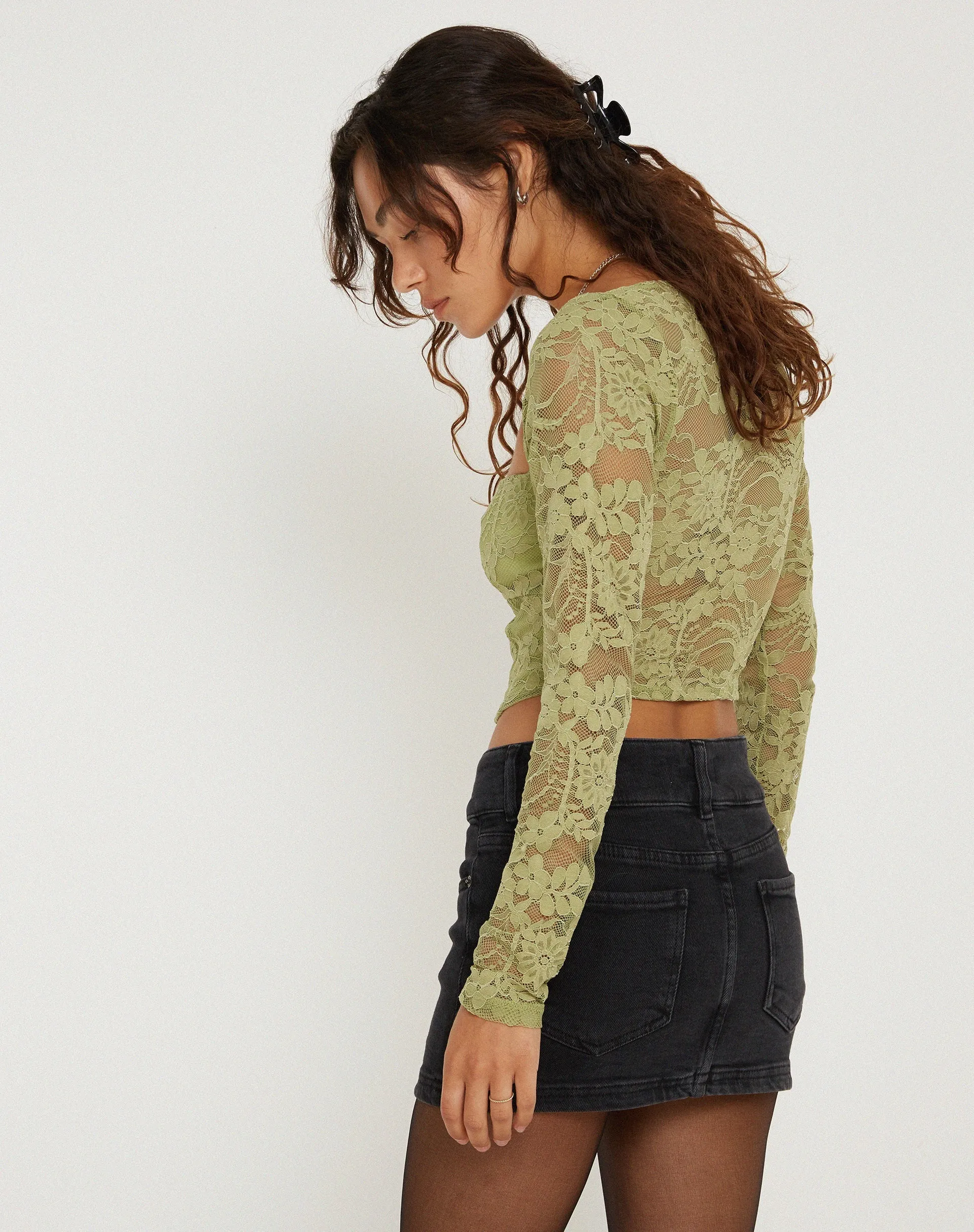 Khafila Long Sleeve Corset Top in Lace Green