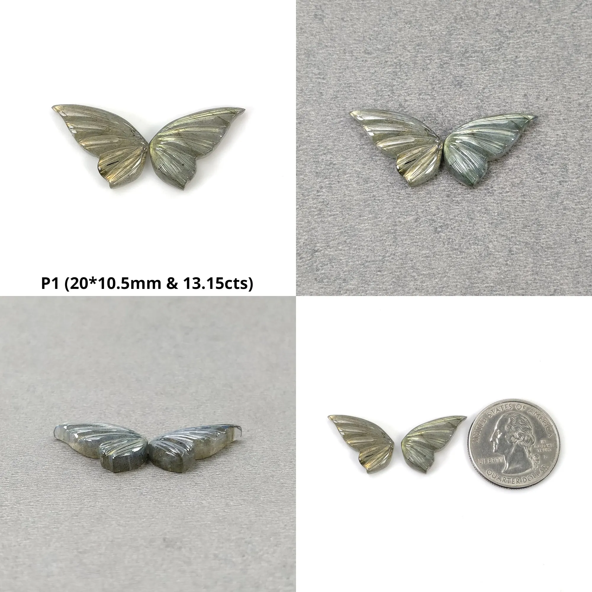 LABRADORITE Gemstone Carving : Natural Untreated Unheated Labradorite Hand Carved Butterfly Pair