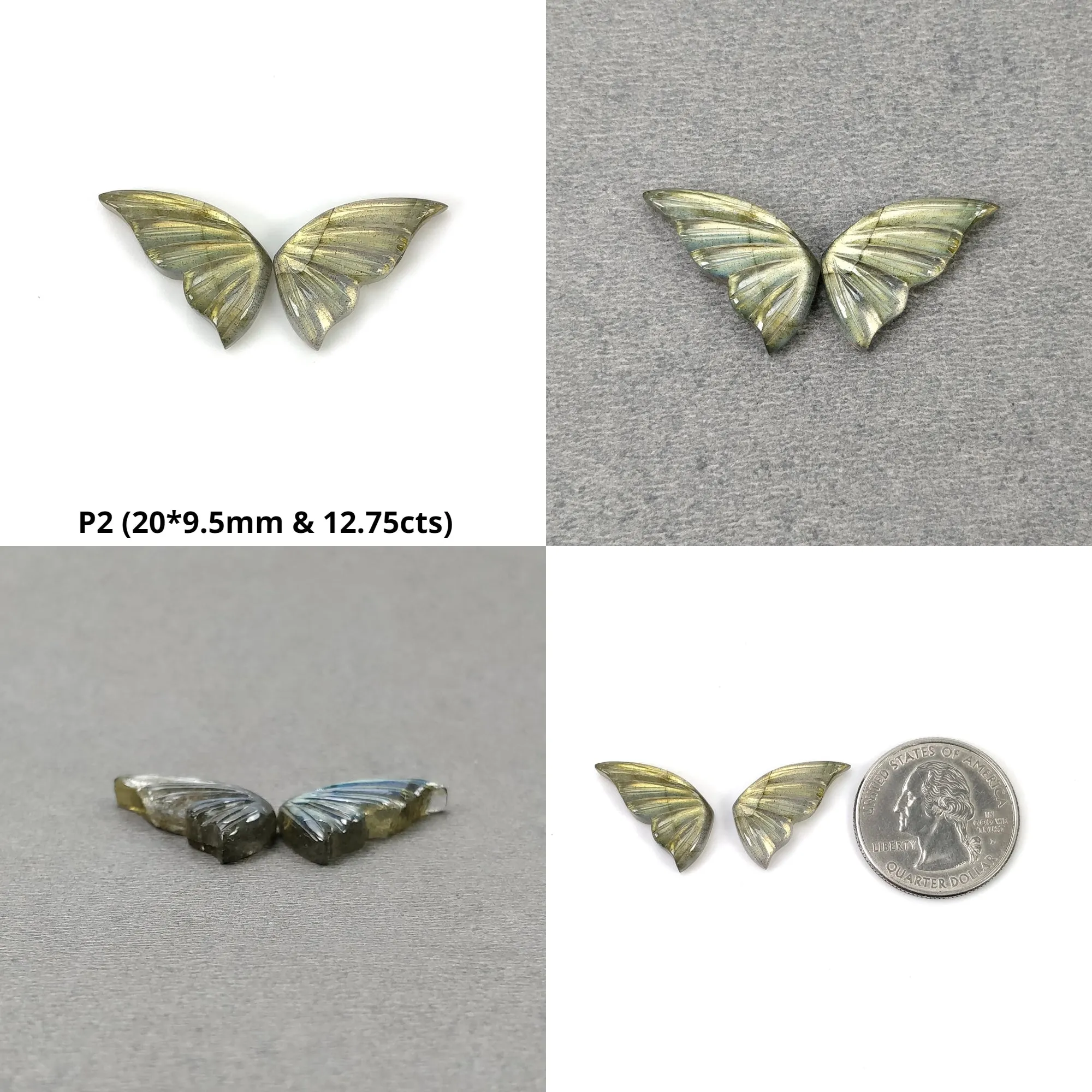 LABRADORITE Gemstone Carving : Natural Untreated Unheated Labradorite Hand Carved Butterfly Pair