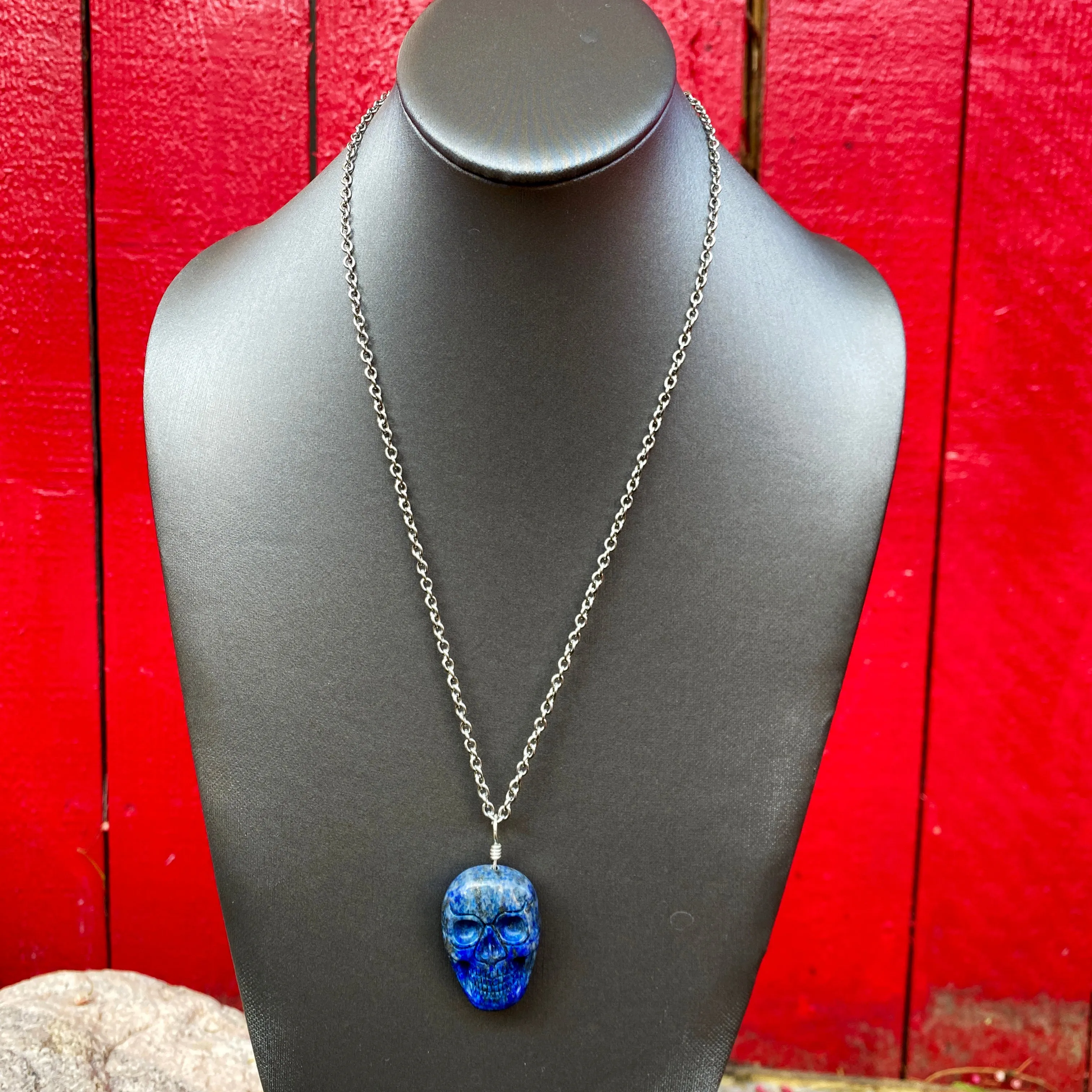 Lapis Lazuli Gemstone Skull Hand Wrapped w/ Sterling Silver on Stainless Steel Chain