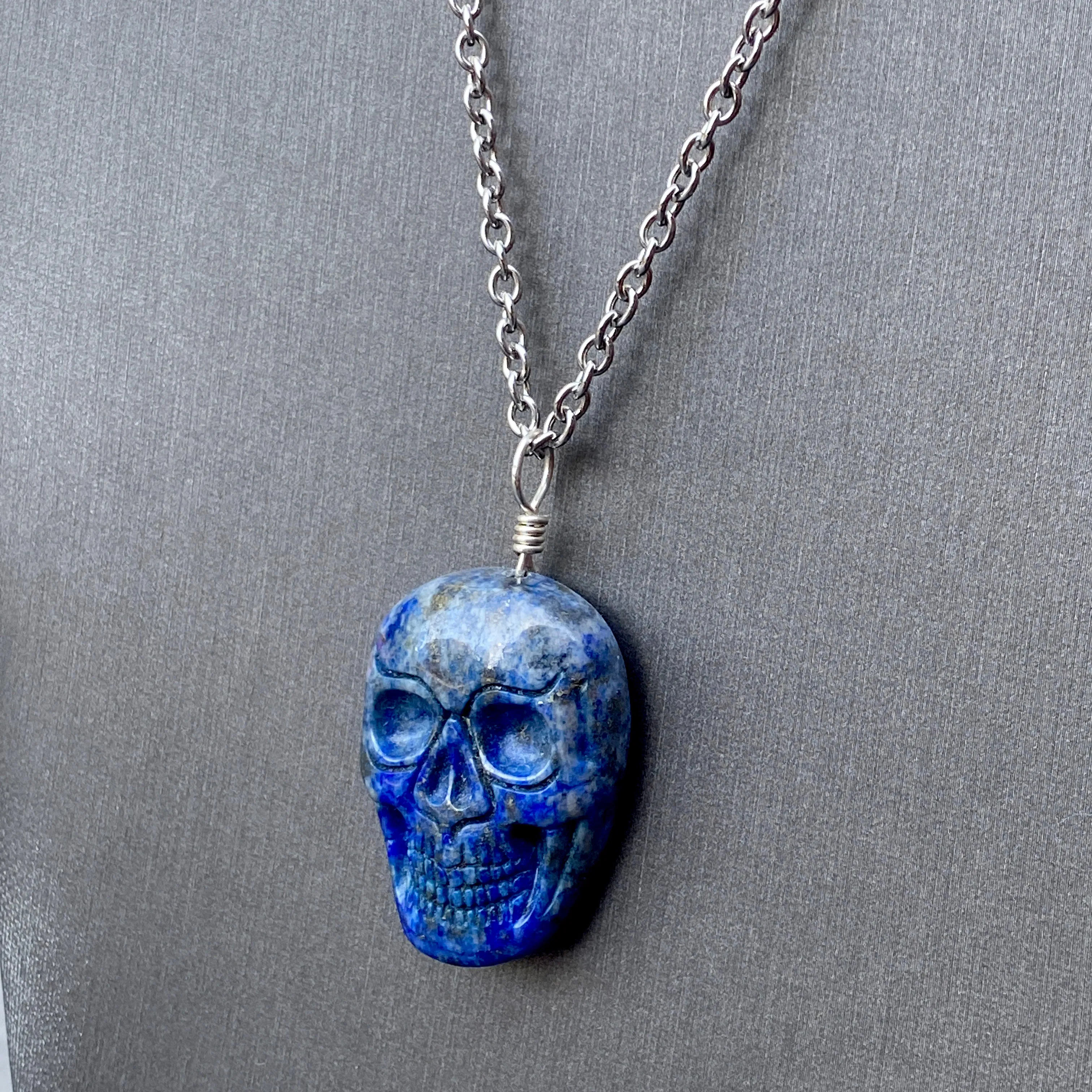 Lapis Lazuli Gemstone Skull Hand Wrapped w/ Sterling Silver on Stainless Steel Chain