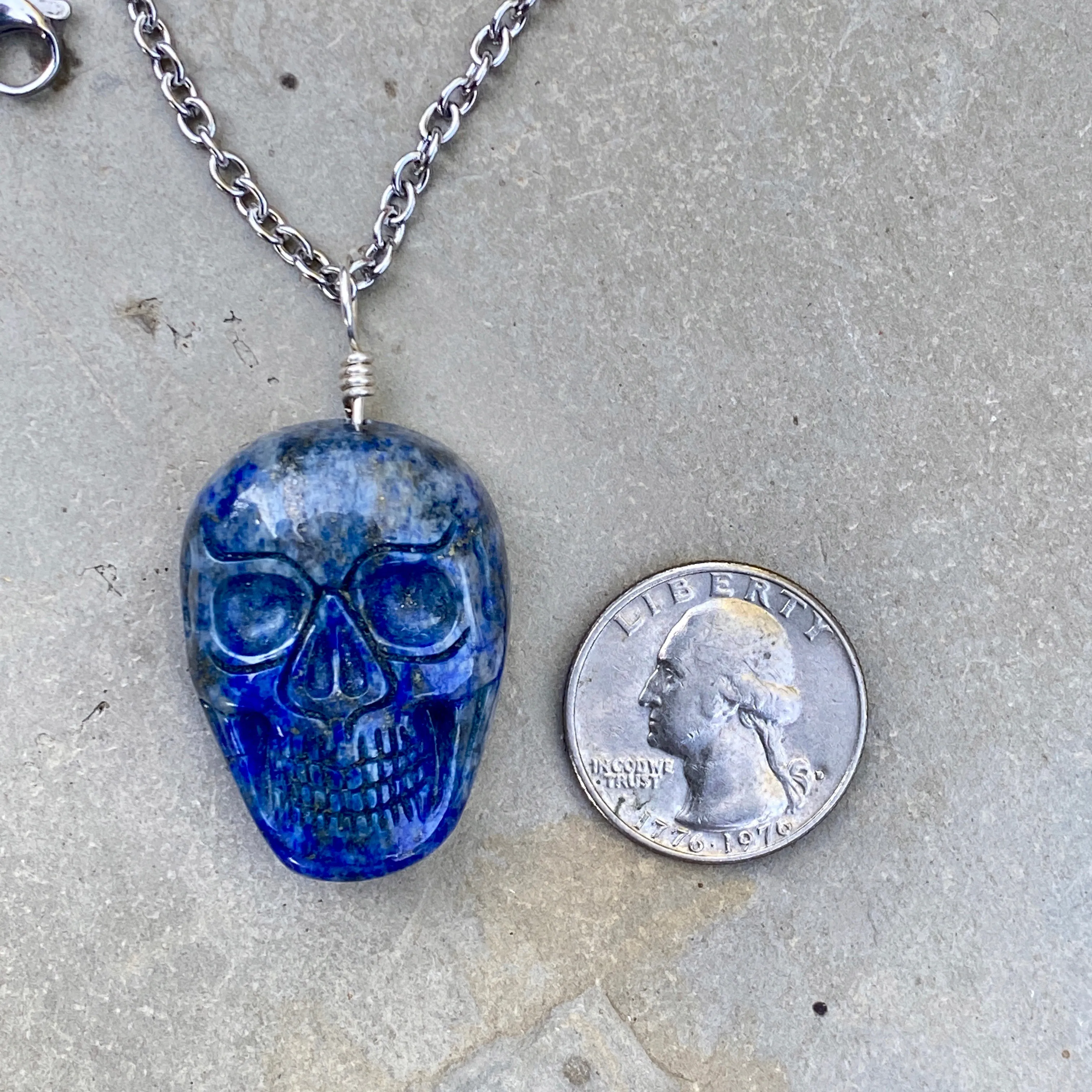 Lapis Lazuli Gemstone Skull Hand Wrapped w/ Sterling Silver on Stainless Steel Chain