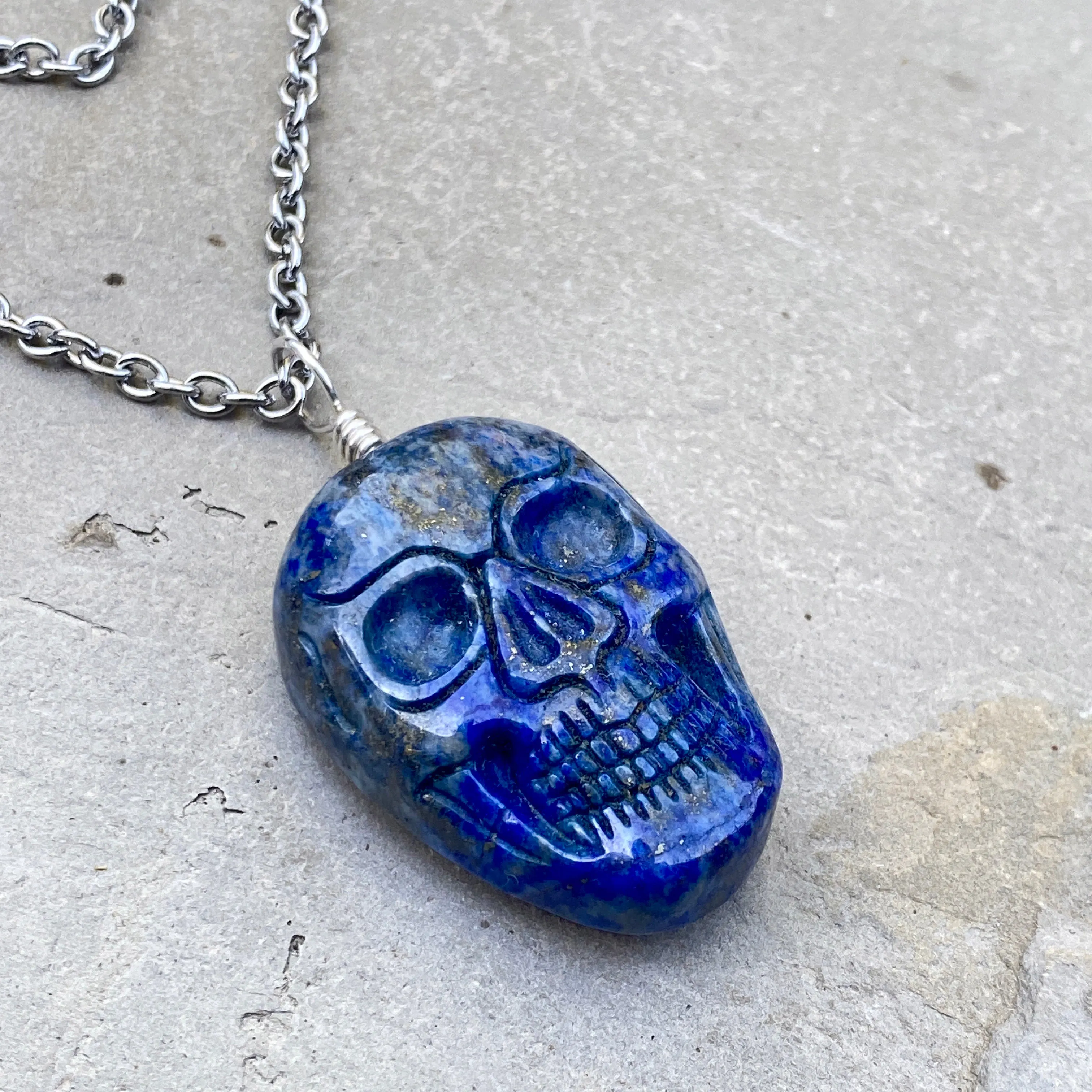 Lapis Lazuli Gemstone Skull Hand Wrapped w/ Sterling Silver on Stainless Steel Chain